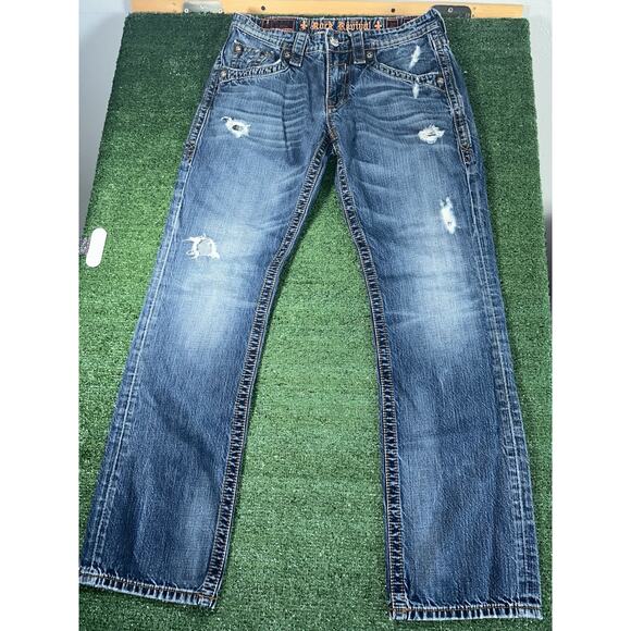 Rock Revival Jeans Mens Y2K Anthony Straight Distressed Faded Whiskering 32x33 - Picture 5 of 12